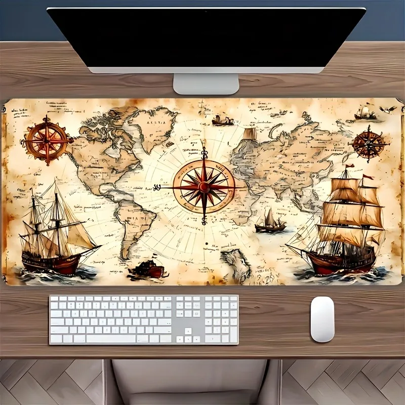 

1 piece retro nautical chart design extended mouse pad - large high definition printed table mat, durable non-slip rubber base