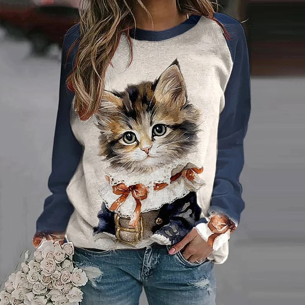 Winter Long Sleeve T-Shirts for Women Funny Kawaii Cat Animals Print Sweatshirts Female Cute O-Neck Pullover Woman Sweatshirt