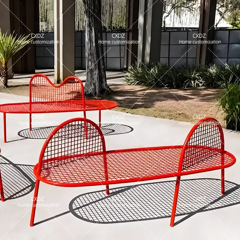 Outdoor Wrought Iron Garden Bench Metal Mesh Chair for Courtyard Park Restaurant Patio Durable Seating Furniture