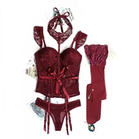 Varsbaby-Conjunto de ropa moldeadora de cuerpo para mujer, corsé de encaje Sexy, corpiño con tirantes, medias, Gargantilla, 4 Uds., moldeador de cuerpo, lencería