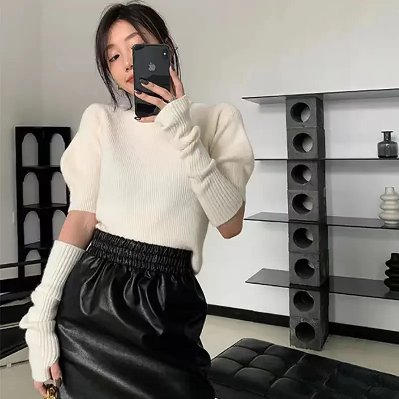 2022 Korean Style Knitted Sweater with Detachable Sleeves Women Casual Y2k Crop Tops Puff Sleeve Pullovers Office Lady Jerseys