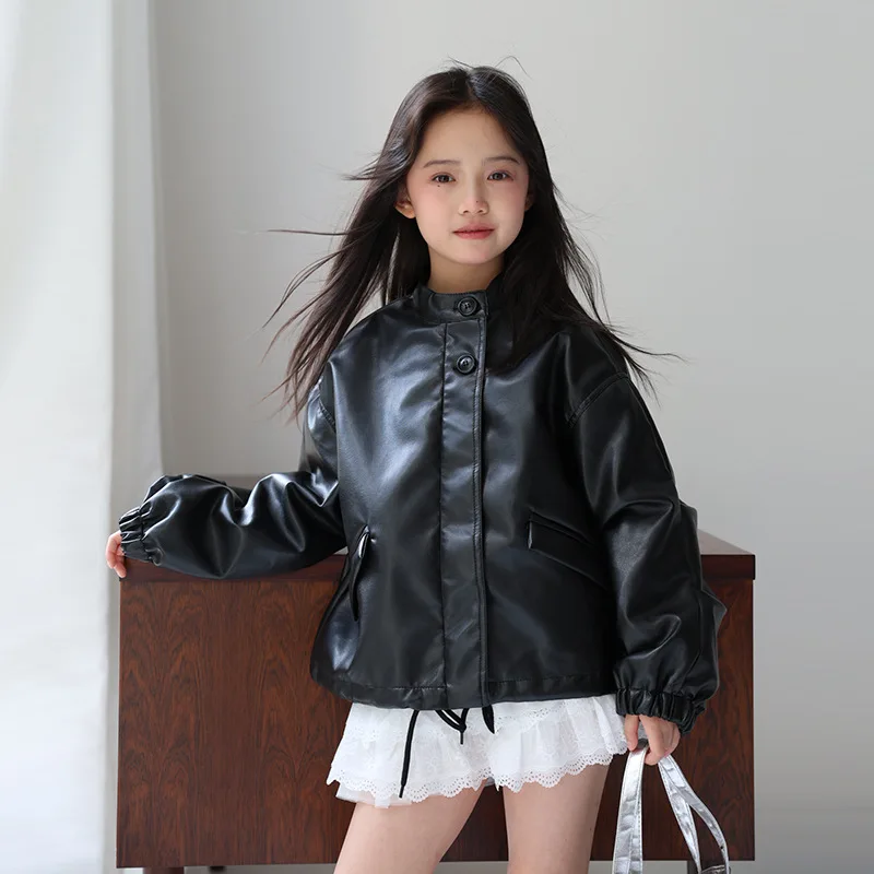 

New Spring Autumn Baby Girls Solid Color PU Leather Kids Fashion Leather Jackets Children Outerwear Clothes 2-14Y