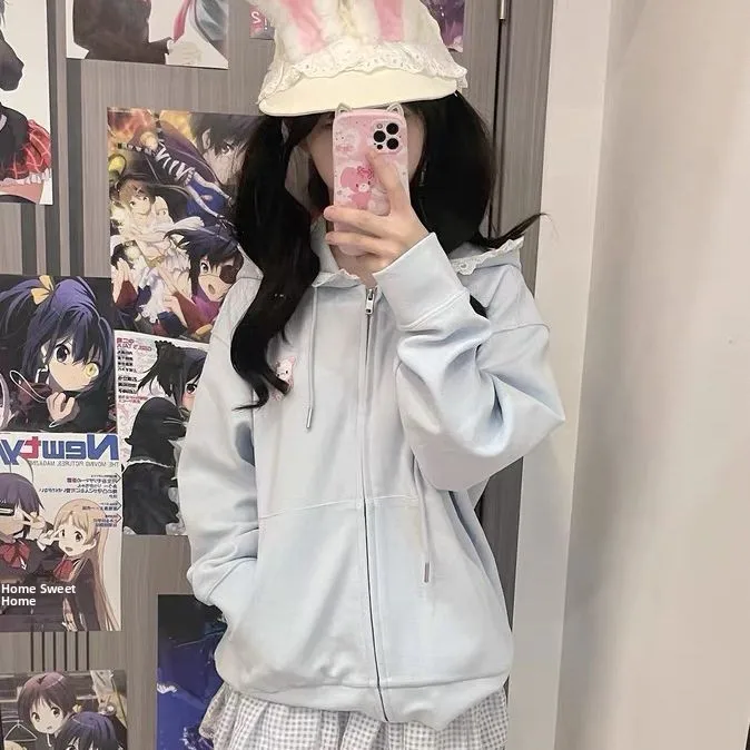 Y2k renda orelha zíper moletom com capuz jaet menina outono inverno japonês sle bonito subcultura otaku topo feminino faion escola orm