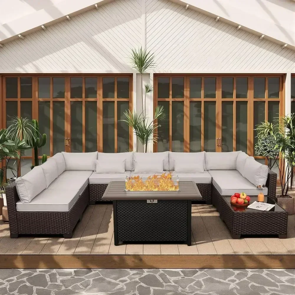 10-Piece Outdoor Wicker Sectional Patio Furniture Set with Cushions and 45 Fire Pit Table, Beige
