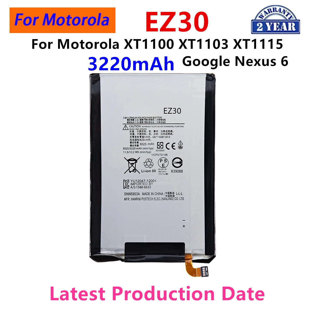 

100% Original EZ30 3220mAh Battery For Motorola Moto XT1100 XT1103 XT1115/GOOGLE Nexus 6 Mobile phone Batteries