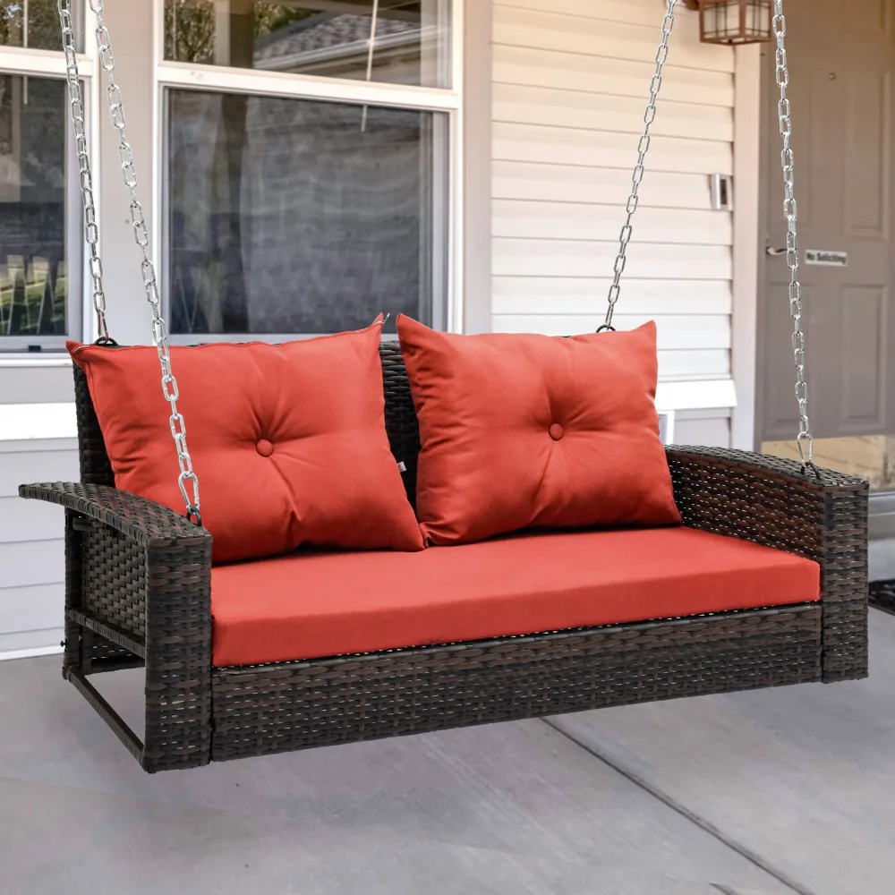 

Hanging Swing Chair Wicker Porch Brown Rattan Patio Lounge Back Cushion