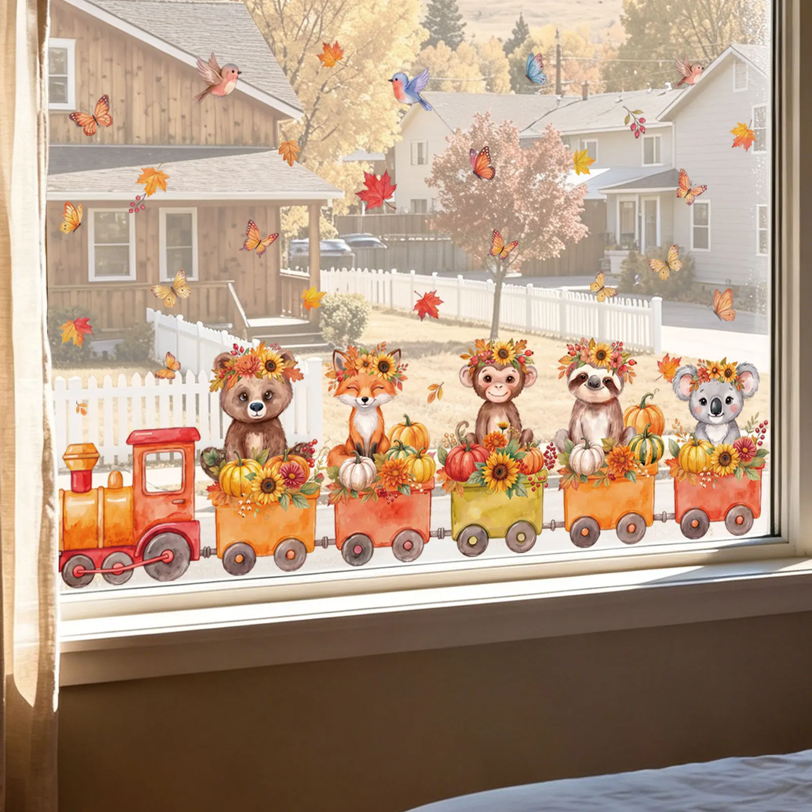 Harvest Festival Train Window Cling with Detailed Illustration for Repeated Positioning on Clean Glass Surfaces