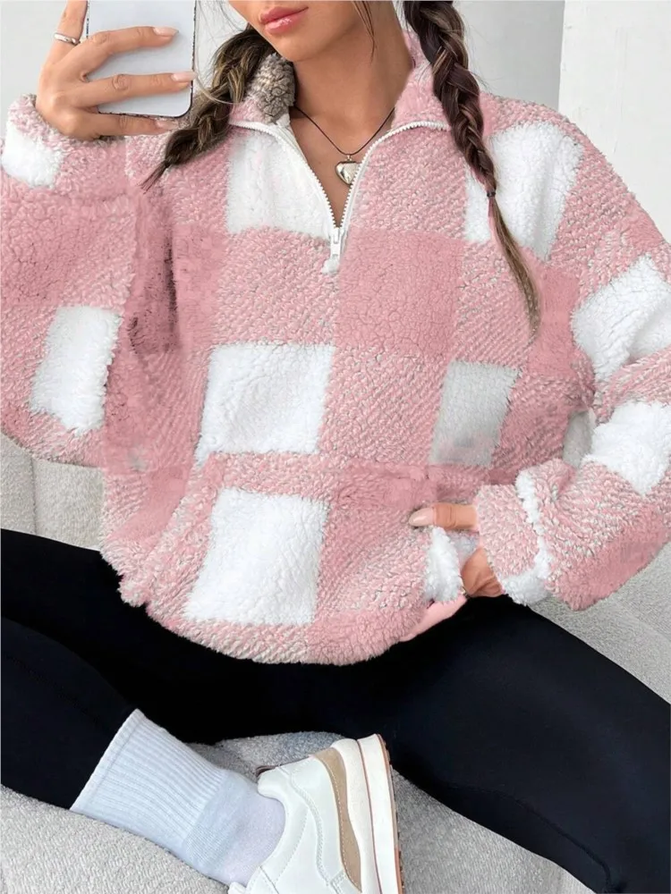 

Women's Plush Sweatshirts Autumn Winter Daily Fashion Plaid Zipper Fleecing Long Sleeve Pullovers Casual Loose Pocket Sweatshirt