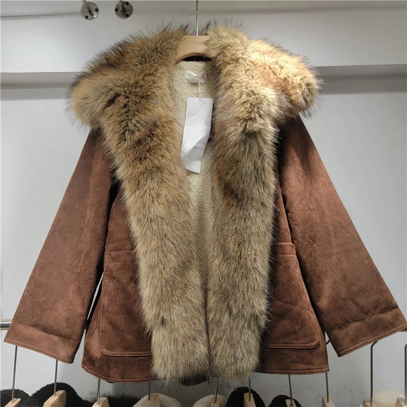 معطف قطني من جلد الغزال البني الأمريكي للنساء لخريف وشتاء معاطف جديدة من الفرو الصناعي بياقة متكاملة أنيقة ودافئة وسميكة
