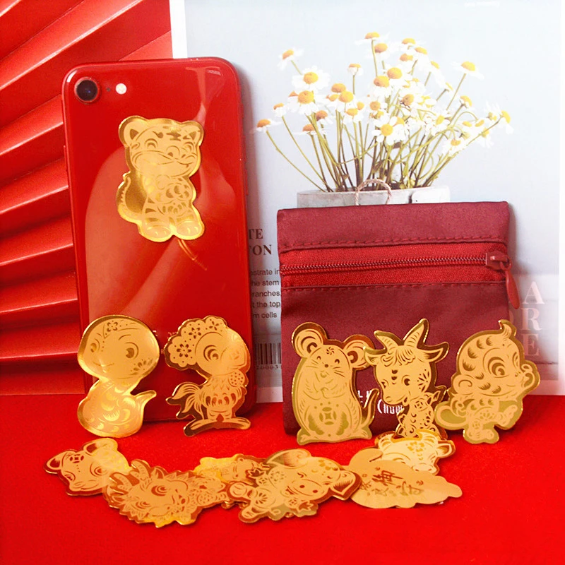 2024 Year Of The Dragon Chinese Zodiac Lucky Mobile Phone Sticker Auspicious Metal Sticker Home Decoration Animals Mouse Cow