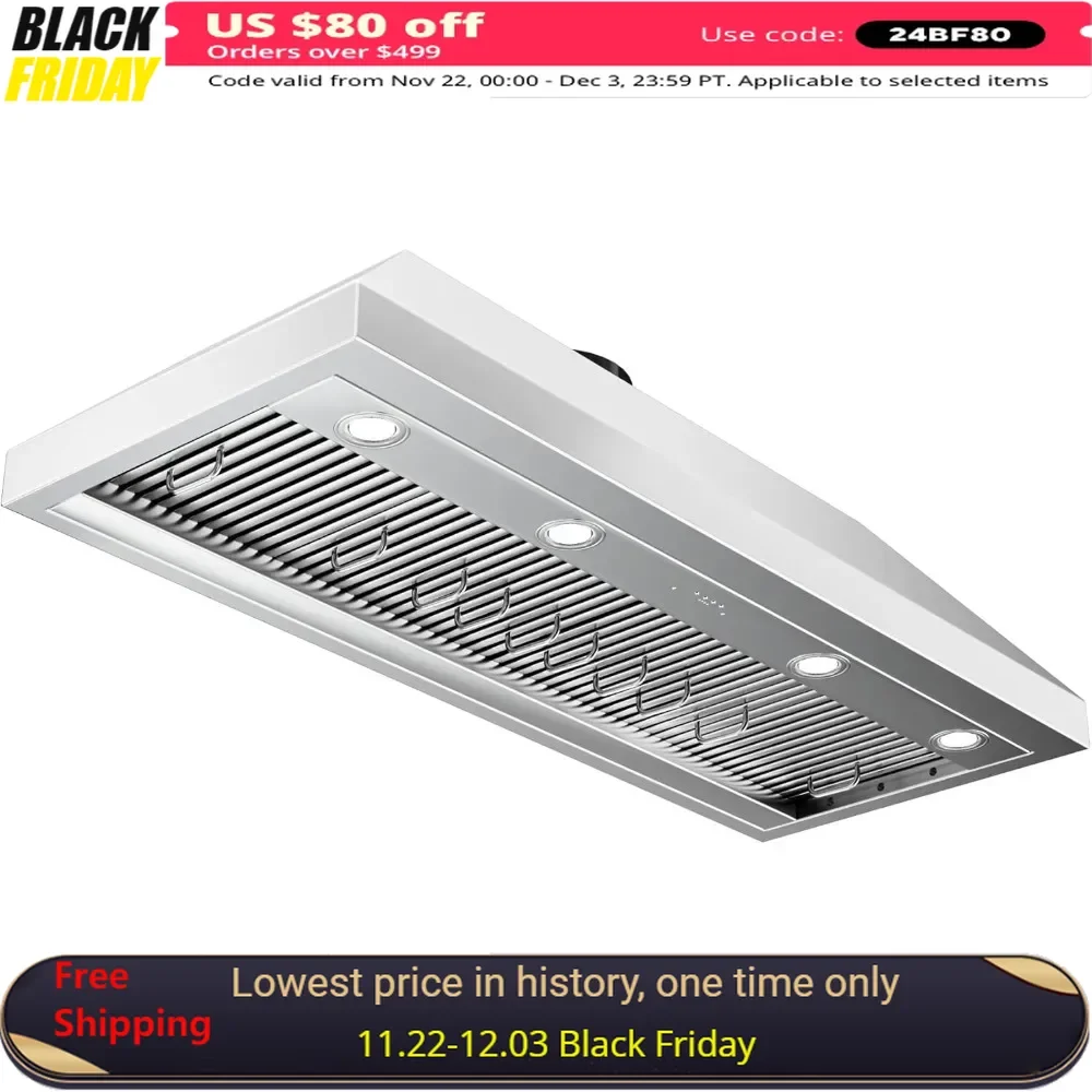 Built in range hood inserted into vent 48 inches, 1150 CFM, with 4-speed fan, LED light, dishwasher safety baffle filter