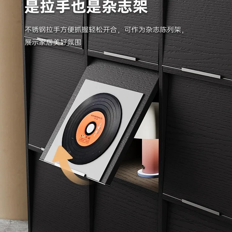 Solid wood black flap-door grid cabinet, living room sofa side cabinet, Nordic-style bookshelf