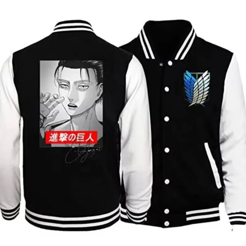 

Titan Levi Ackerman Baseball Jacket with Black and White Wings and A Red Square Panel Printed on The Back