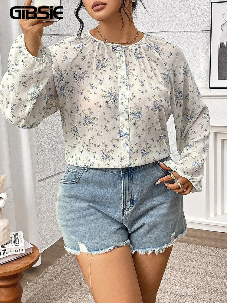 

GIBSIE плюс размер, цветочный принт, рукав-фонарик, топ с круглым вырезом, блузка, женская осень 2022, праздничные свободные блузки на пуговицах спереди, рубашки