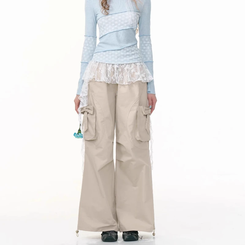 الأمريكية الرجعية عالية الخصر التخسيس مستقيم الساق المرأة واسعة الساق السراويل الخريف جديد القوس الكاكي ملابس العمل بناطيل كاجوال السيدات #6