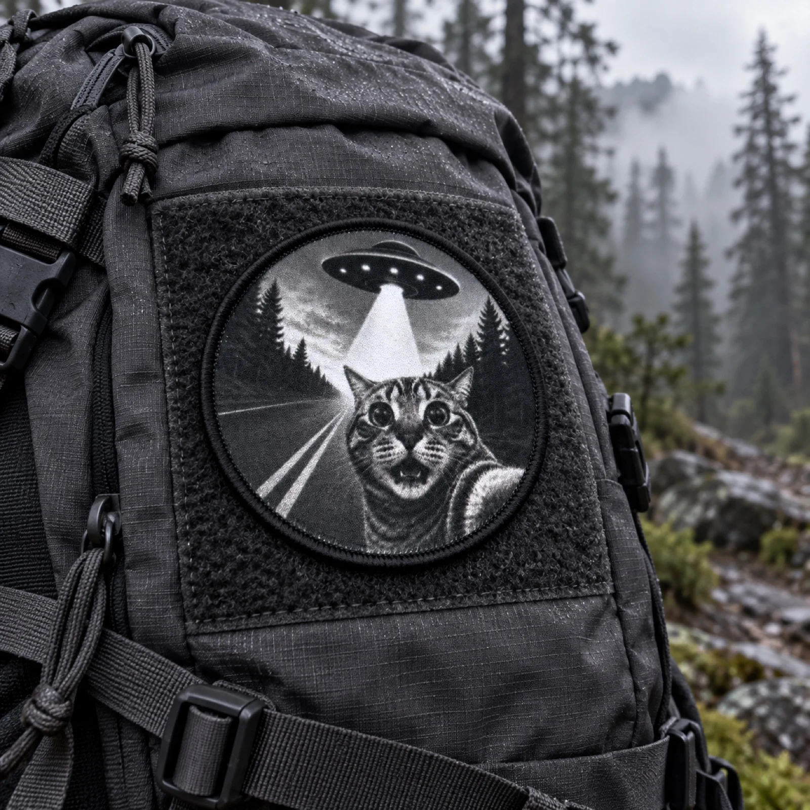 1PC Black White UFO Cat Selfie Printed Morale Patch Alien Abduction Meme Emblem Hook And Loop Fastener for Backpack Jacket