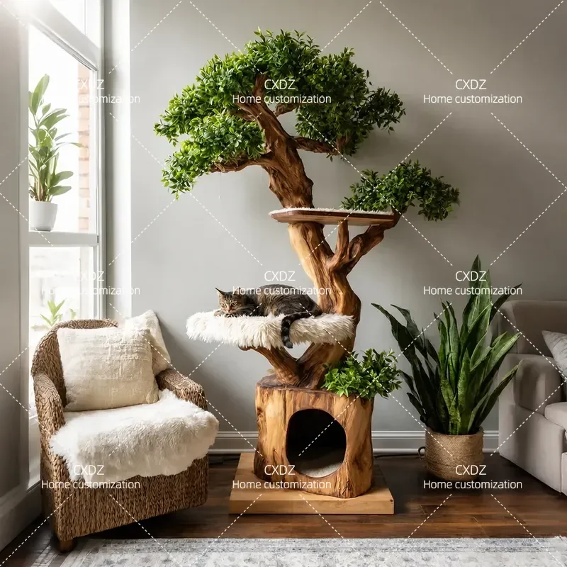 Solid Wood Cat Tree Integrated Climbing Frame Space Saving for Small Apartments Large Cat Jumping Platform Nest All Season