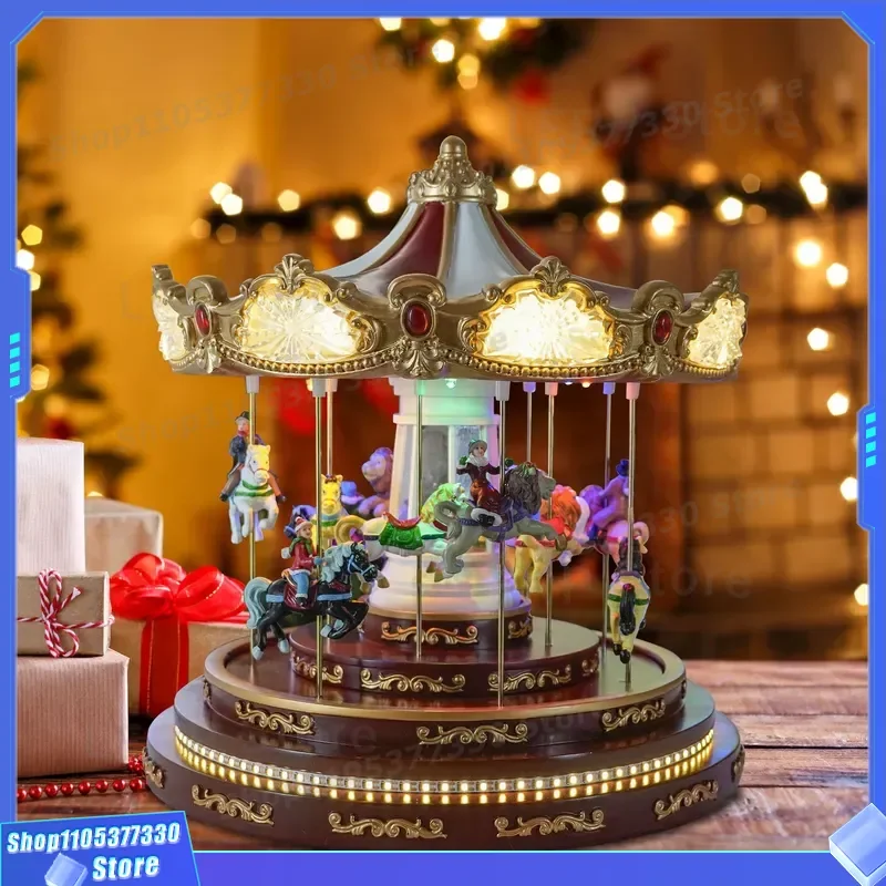 Creative Christmas Carousel Music Box Limited Edition Ornament Gift New Musical Rotating Merry Xmas Decor for Kids Home Party