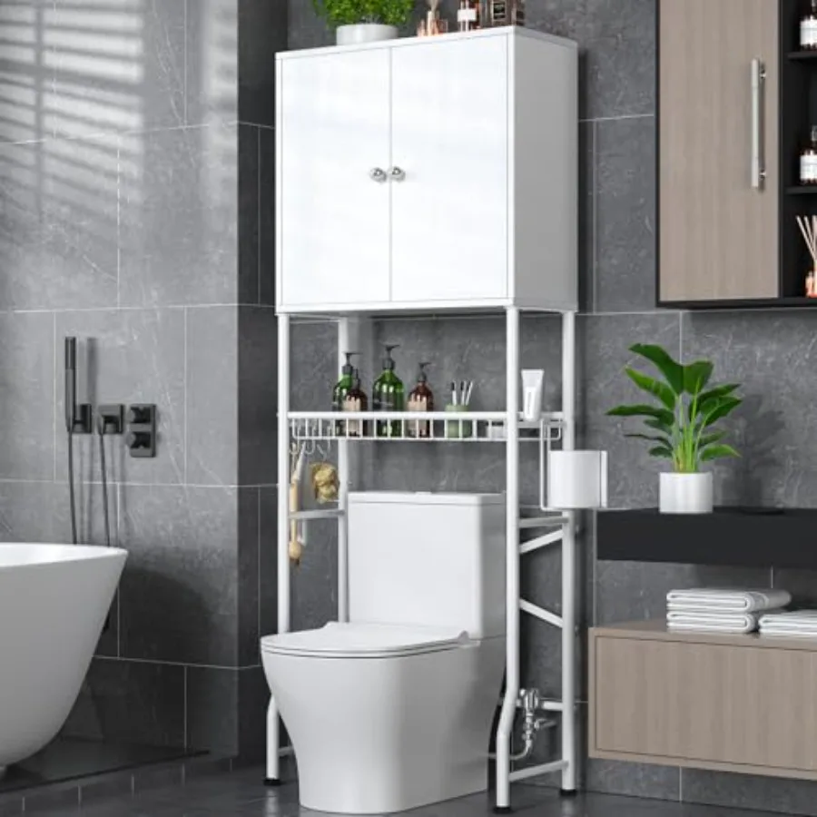 

Over The Toilet Storage Cabinet - 2-Door Bathroom Organizer Shelf Water-Resistant MDF White Space-Saving Freestanding Design wi