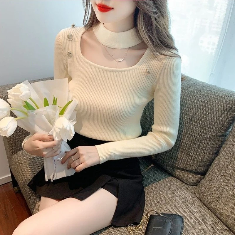 スリムフィットニットセーター レディース ホルターネック 冬物セール おしゃれ 仕事着にも使える トレンド ホローアウト 女性用プルオーバー