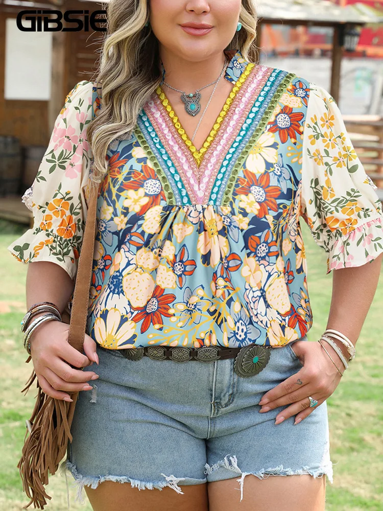

GIBSIE Plus Size Retro Boho Print Woven V-neck Blouse Women 2025 Summer Half Sleeve Vacation Casual Loose Ladies Tops Blouses