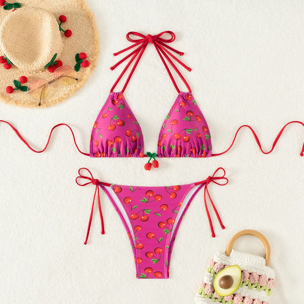 セクシーなチェリーファッションプリントの3ピースビキニ水着2025新作レディース服
