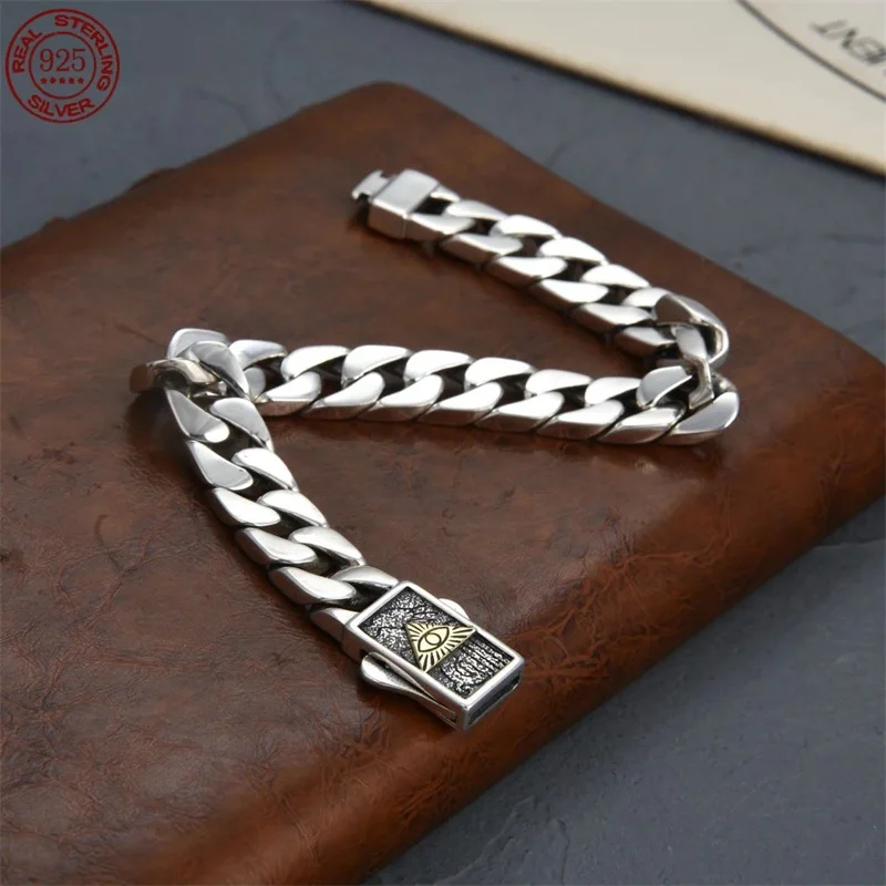 OUYADI S925 Sterling Silver All-seeing Eye Cuban Link Bracelet Unisex Hip Hop INS Style Couple Jewelry Birthday Gift