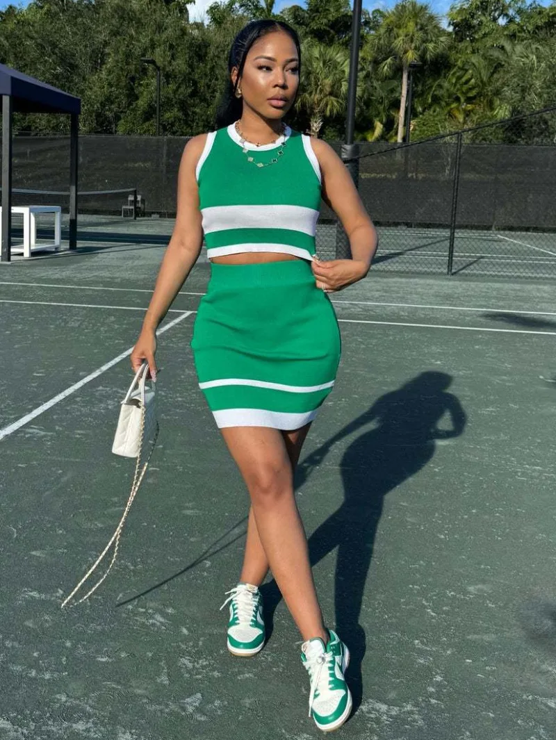 

GUWU New Fashion Women's Color Block Knitted Sleeveless Slim Short Dress Casual Party Two Piece Matching Outfit Set