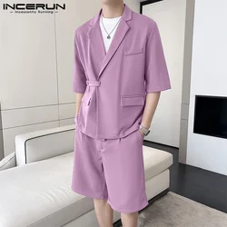 Summer Men Clothing 2024 INCERUN Men's Sets Fashion Party Casual Tops 2PCS Suits Solid Color Suit Oversized Half Sleeve Shorts