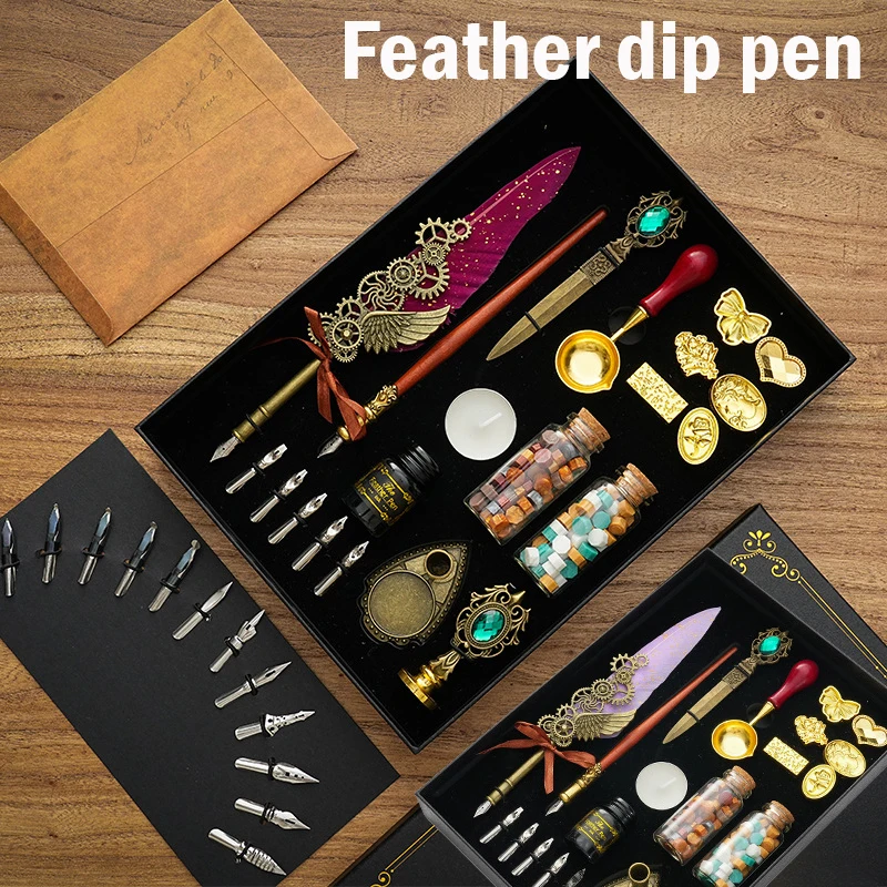 Feather Pen Set Calligraphy Writing Drawing Quill Dip Kit Vintage Art Craft Collection with Nibs Empty Ink Bottle Lacquer Spoon