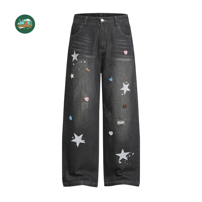

W2EJOURNEY, размер ЕС, США, высокое качество, потертые винтажные черные джинсы с 3D пуговицами в стиле ретро, свободные повседневные широкие брюки унисекс