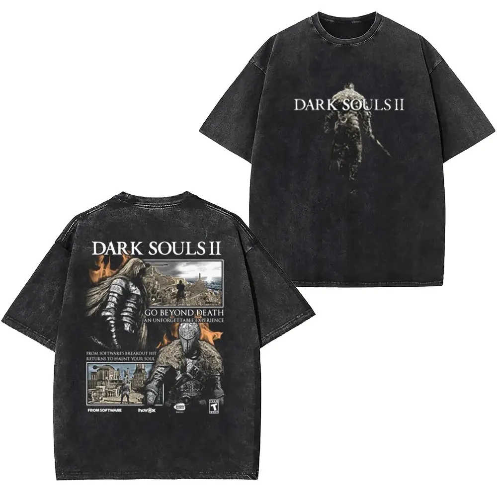 DARK SOULS II Game Printed Men's and Women's T-shirts Retro Washed and Old Pure Cotton Y2k Harajuku Plus Size Short Sleeves