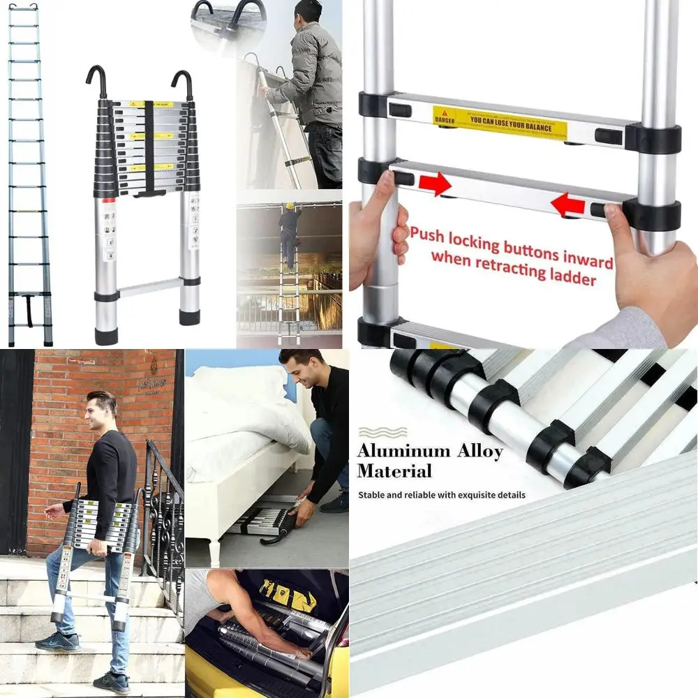 

Portable 14.4FT Telescoping Extension Ladder with Hooks, One-Button Retraction, Foldable and Extendable Aluminum Ladder for Home