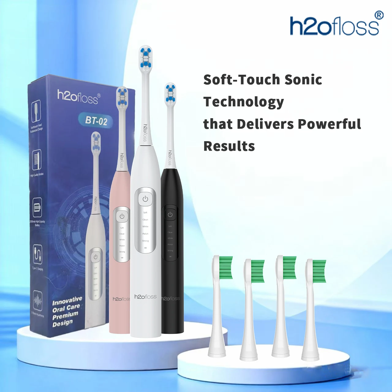 

H2ofloss Electric Toothbrush 38000 VPM 5 Modes Battery IPX7 Waterproof with Smart Timer for Teeth Whitening and Plaque Removal