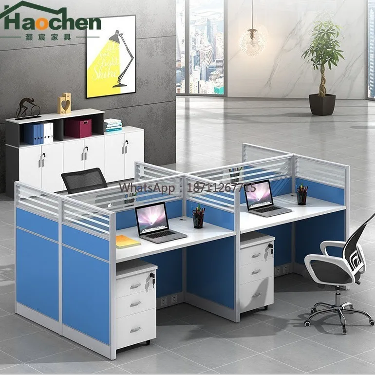 

Screened workstation office desk with chair, 4-person minimalist modern employee table