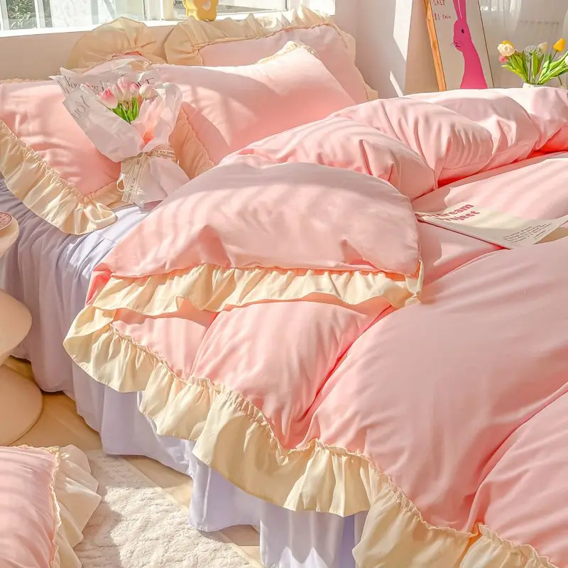 

Korean Princess Style Bedding Ins Solid Color Duvet Cover Sets With Pillowcae Girls Ruffle Lace Home Textiles Decor Bedroom