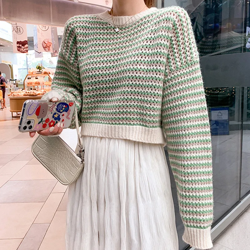 Knitted Sweater Women Pullovers New Long Sleeve O-Neck Striped Knit Sweater Pullover Women Tops Sweaters Sueters De Mujer Q1247