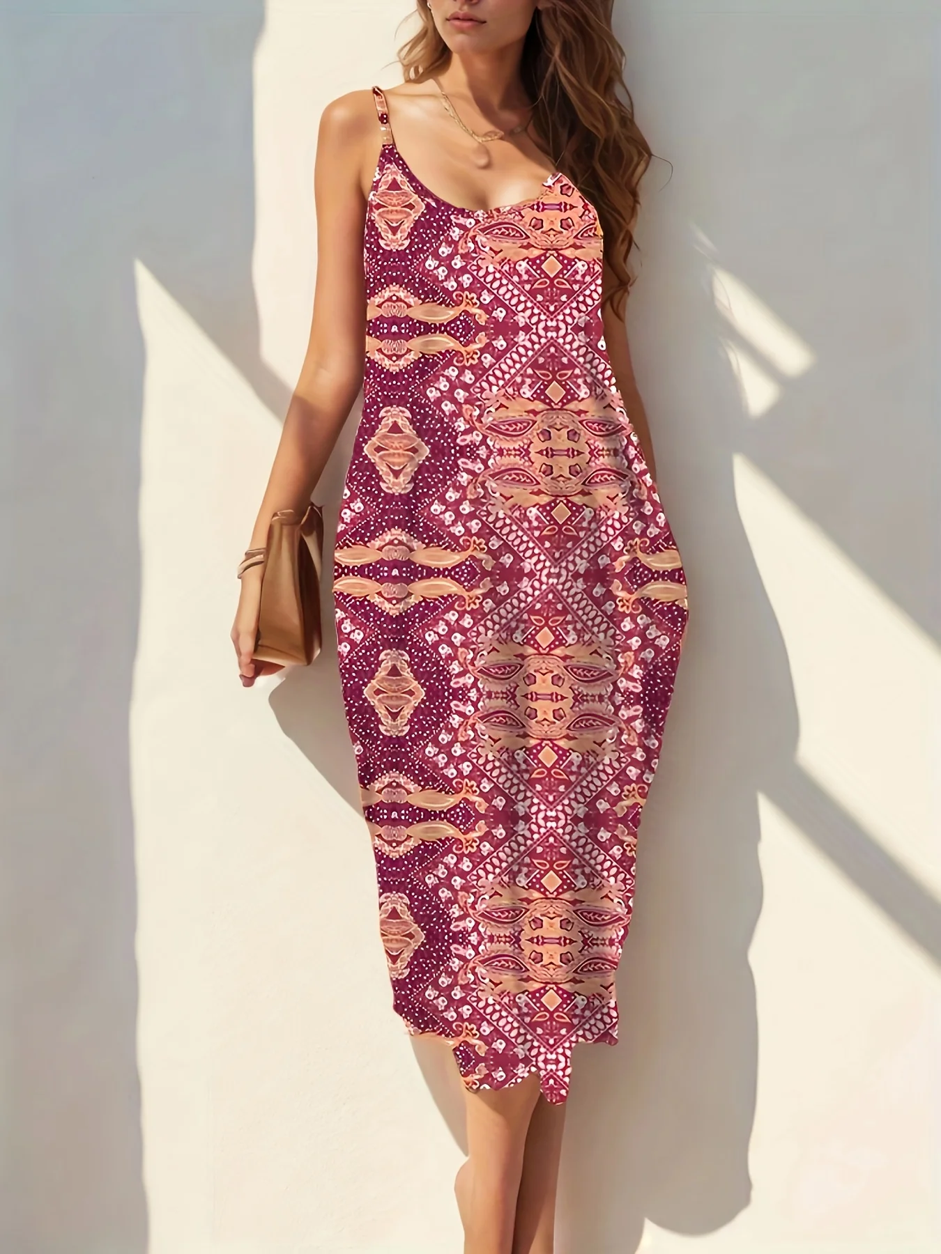 Women's Spaghetti Strap Burgundy Geometric Pattern Ethnic Boho Bodycon Dress Summer Party Vacation Casual Sundress