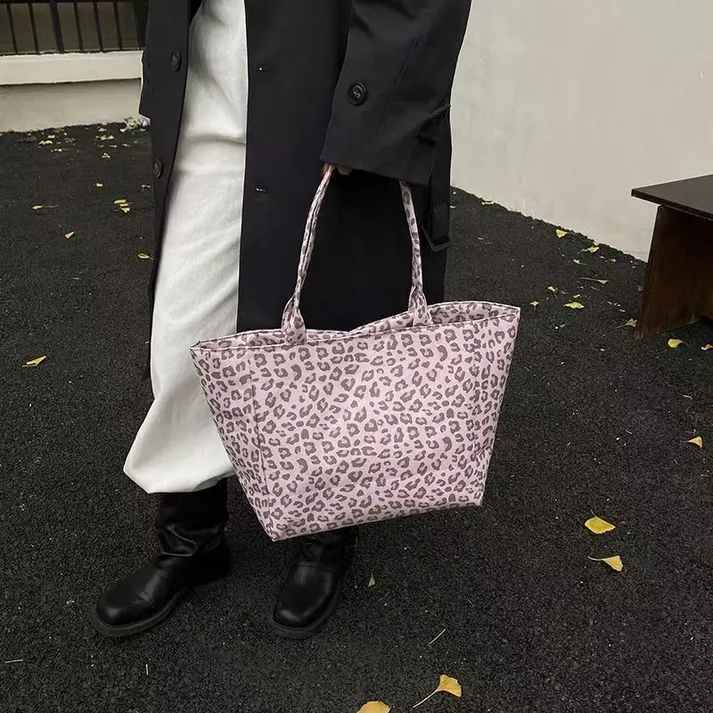 

Pink Soft Canvas Leopard Print Shoulder Bag Large Capacity Bucket Tote Bag Casual Cute Everyday Commuter/student Tote Bag New