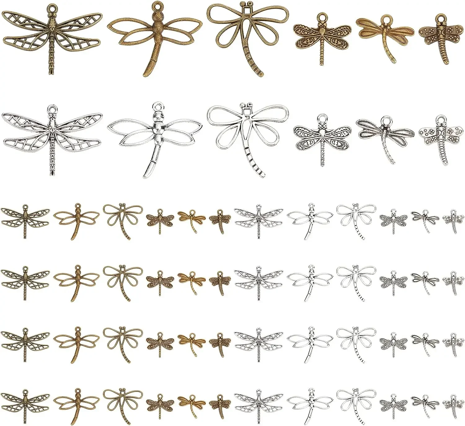 48pcs Dragonfly Charms 6 Style Flying Insect Animal Pendants Antique Bronze Silver Insects Pendant Connector for Jewelry Making