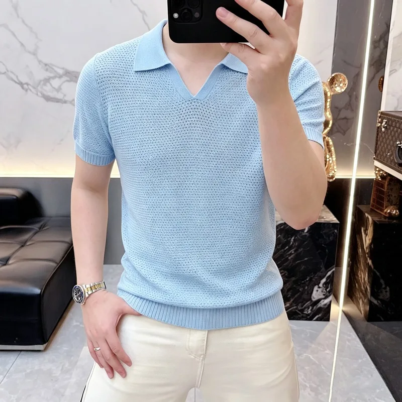 Summer Ice Silk Cool Mesh Knitted Polo Shirt for Men's Slim Fit Versatile Casual Business Social T-shirt Streetwear Men Clothing