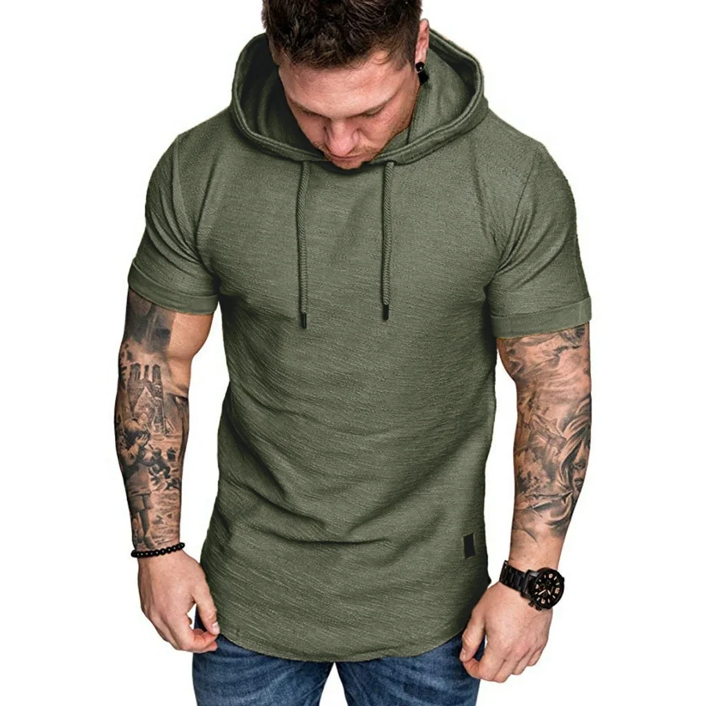 Männer Baumwolle T-shirt Kurzarm Mit Kapuze Einfarbig Slim Fit Männlich Atmungsaktive Sport Tees Leichte Fitness Männlich Casual Tops