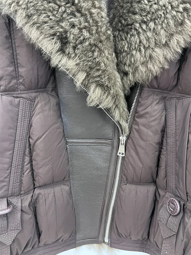 Damskie kurtki puchowe z grubego puchu gęsiego z naturalnym kołnierzem z futra jagnięcego na zimę 2025, ciepłe, ocieplane, odzież wierzchnia.