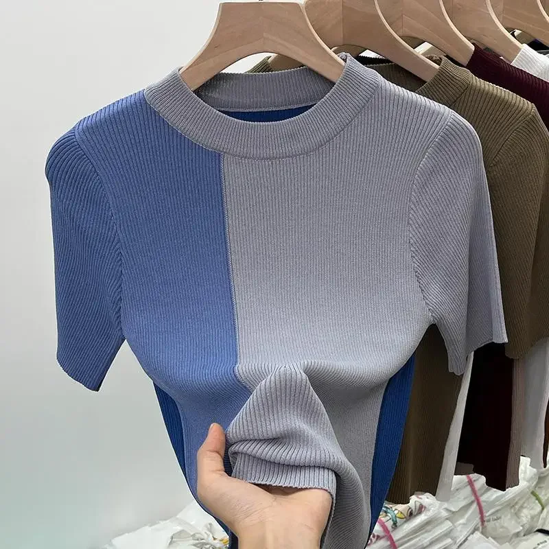 T-shirt lavorata a maglia di seta del ghiaccio Casual o-collo Color Blocking Design manica corta Top donna estate moda Slim t-shirt da donna retrò