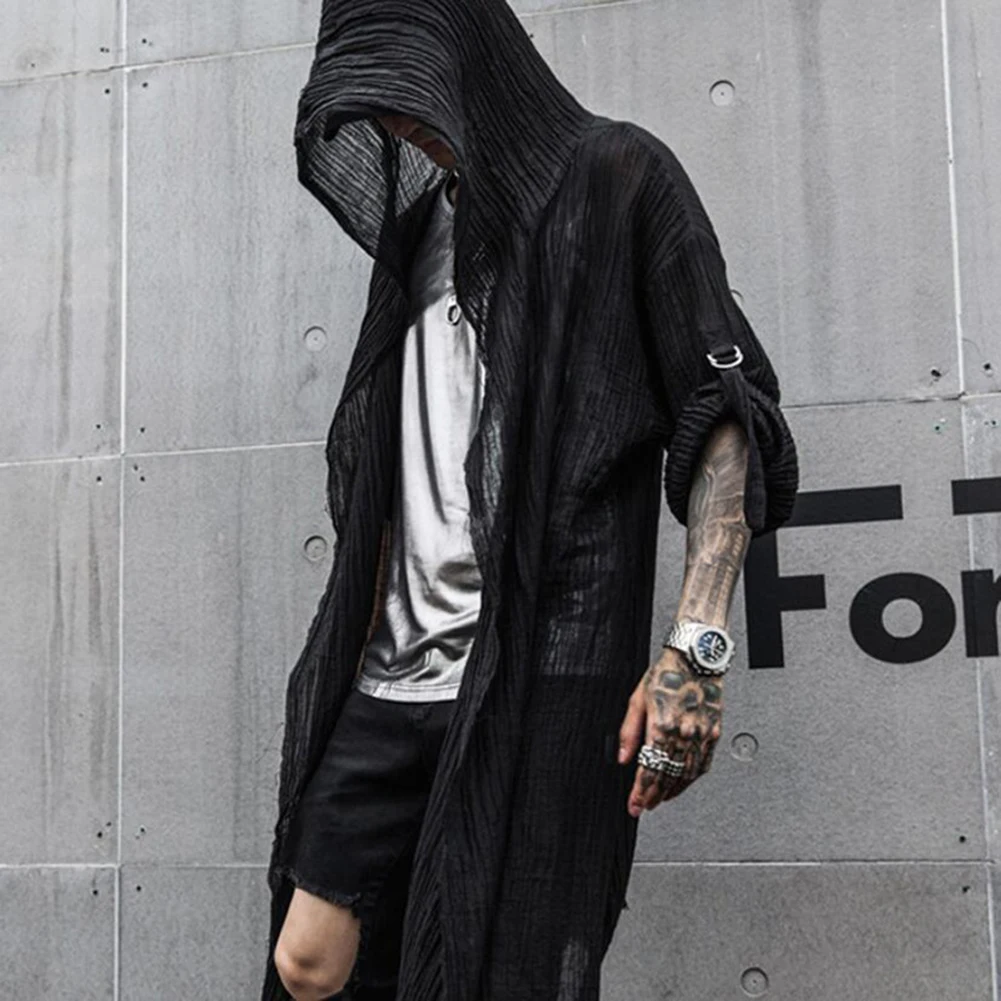 Retro Men's DJ Punk Hip Hop Long Shirt Cardigans Thin Hooded Cloak Cardigan Coat Gothic Vintage Pleated Tops Male