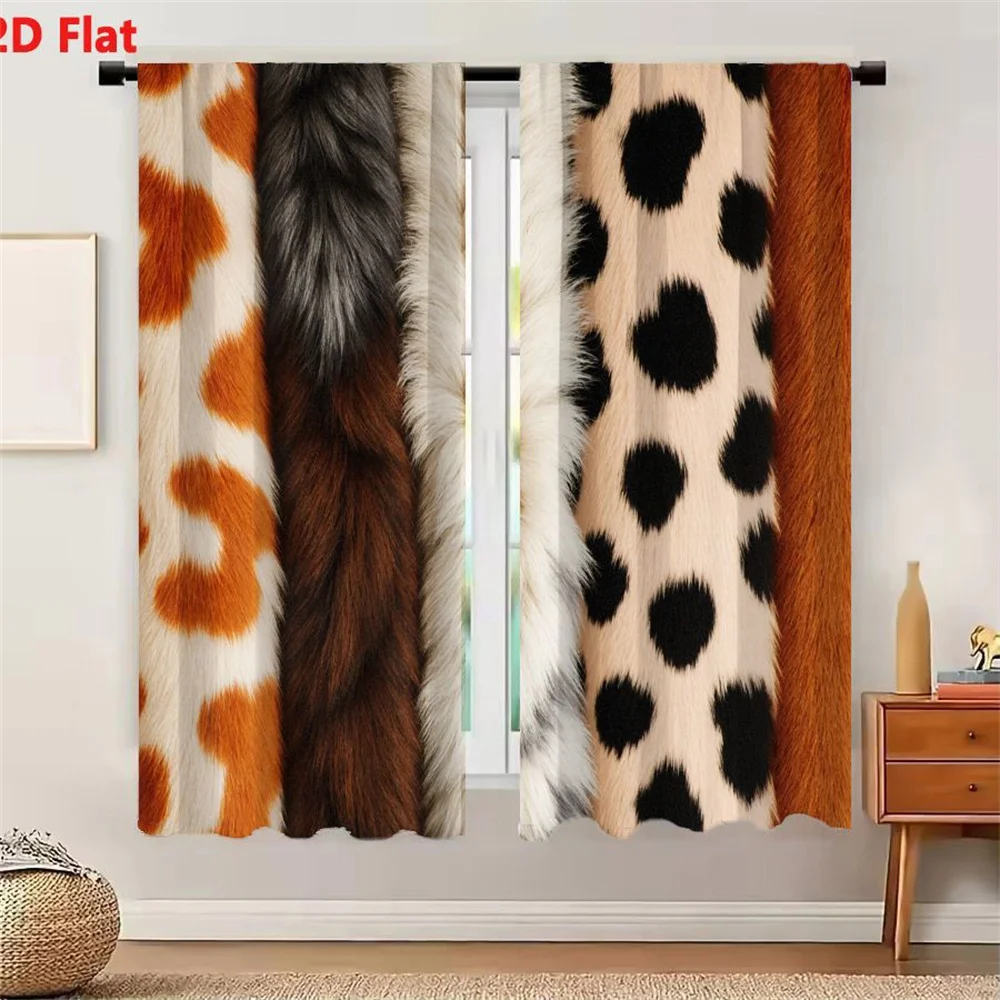 2Pcs Curtains 2D Flat Five Vertical Animal Fur Fabric Samples: Cheetah Print, Gray-Brown Plush Fur, White Gray Marked Fur, Pink