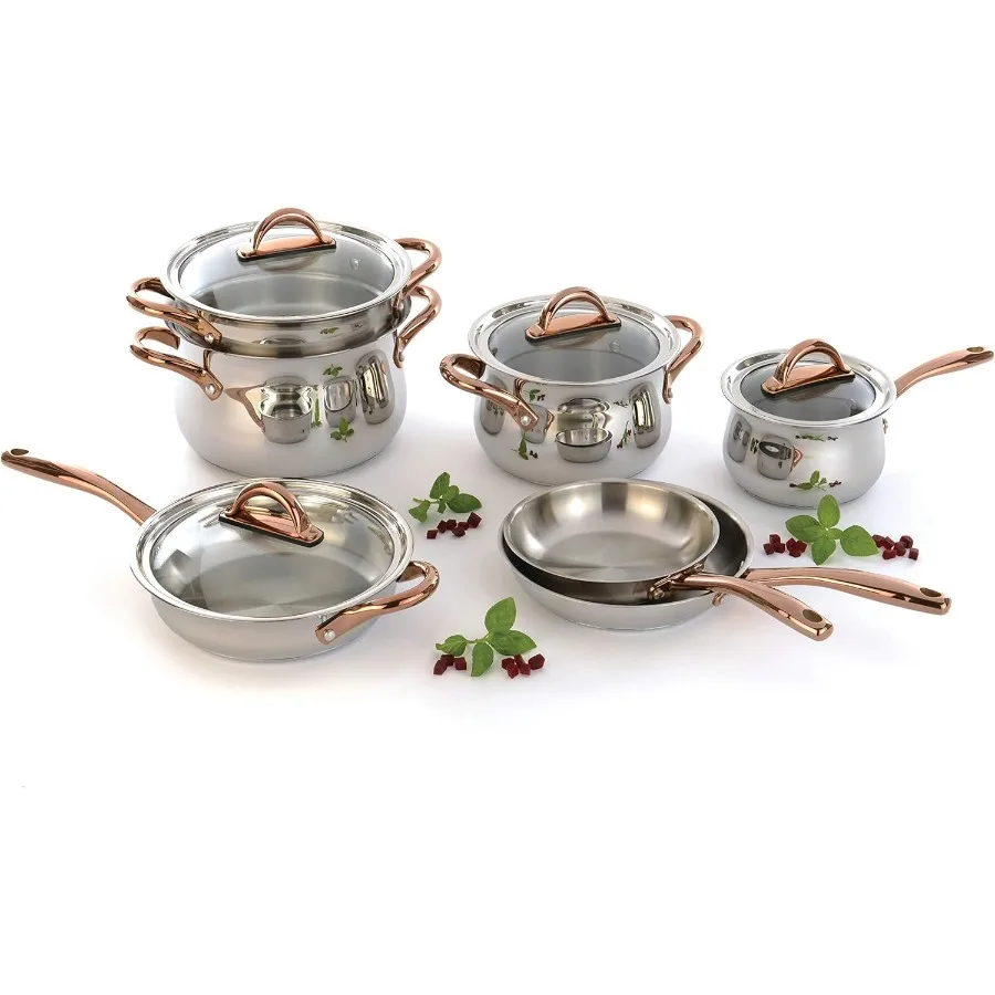 

11Piece Ouro Cookware Set with Gold Handles and Glass Lids for Home Kitchen Cooking Durable NonStick Interior Heat Distribution