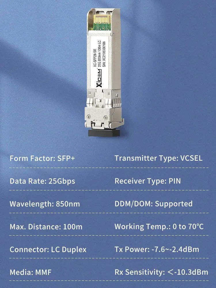 Xicom 25G SFP Module Cisco SFP-10G-SR Compatible 10GBASE-SR SFP+ 850nm 300m DOM Duplex LC/UPC MMF Optical Transceiver Module