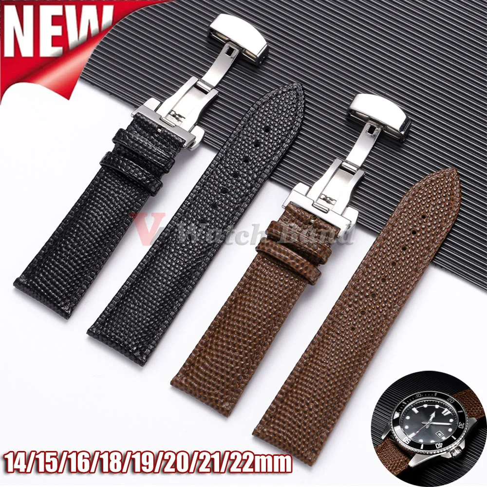 Cowhide Watch Strap 14/15/16/18/19/20/21/22mm Men Bracelet Butterfly Buckle Lizard Pattern Leather Watchband for Seiko for Omega