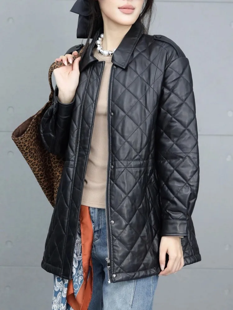 เสื้อแจ็คเก็ตหนังแท้สำหรับผู้หญิง สไตล์ลำลอง ปกพับได้ แขนยาว ทรงหลวม ผ้าหนังแกะ เหมาะสำหรับฤดูหนาว
